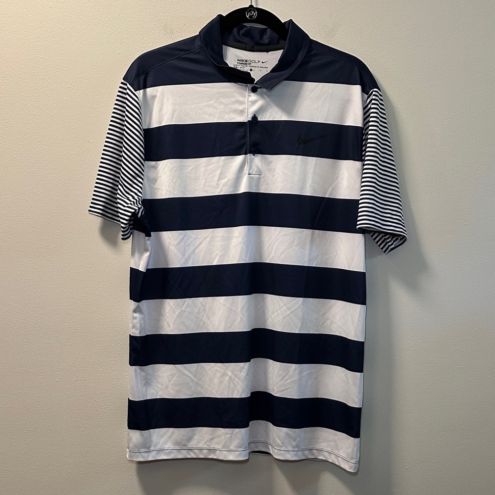 Nike Golf Men’s Navy/White Large Stripe Dri Fit Performance Golf Polo Sz L